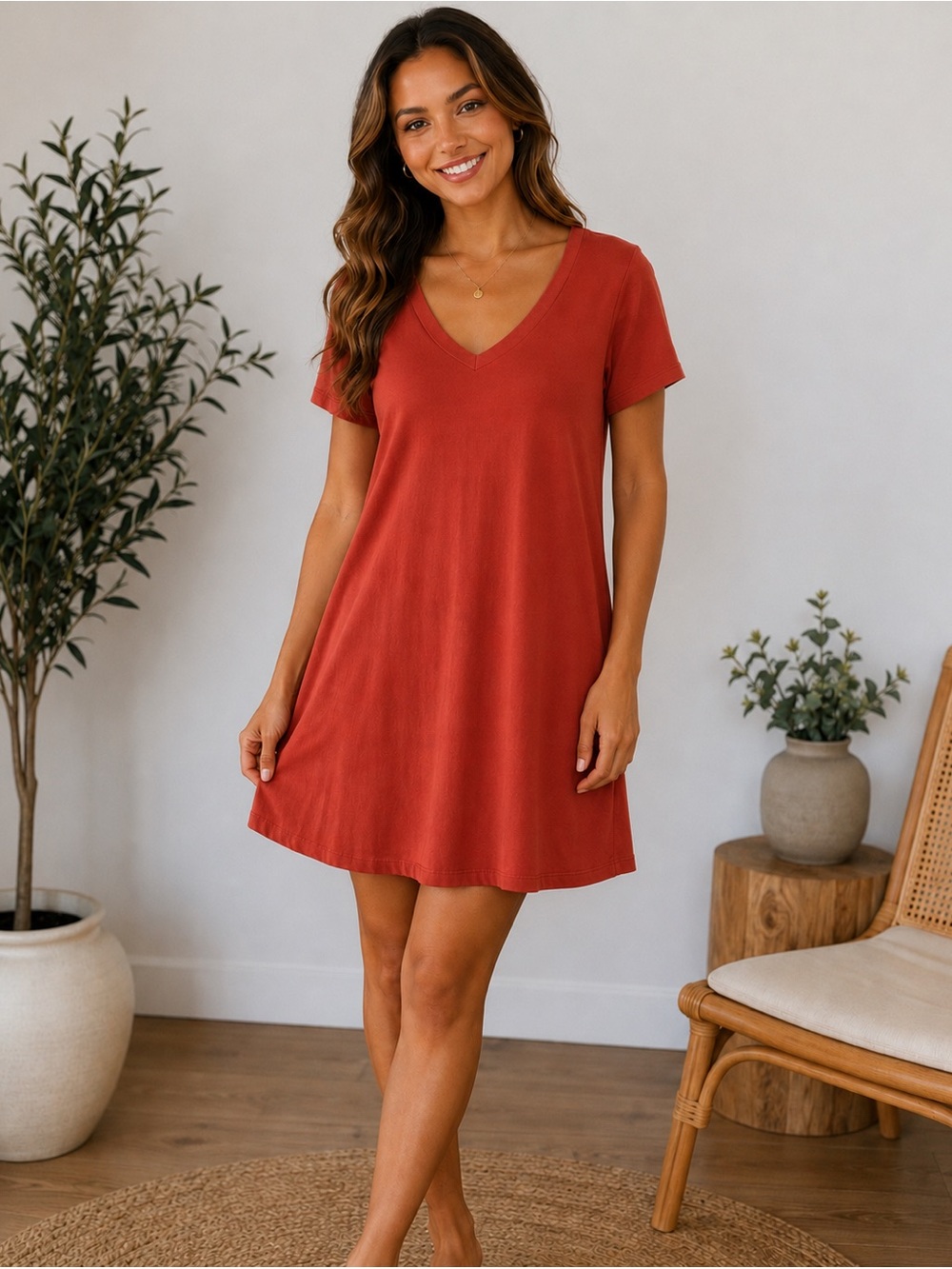 Pink Lily Burnt Red Soft V-Neck T-Shirt Dress
